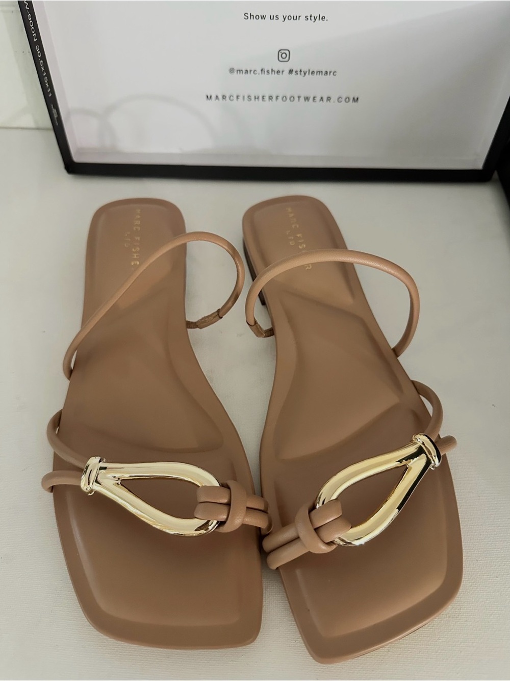 Marc Fisher Mazza Tan Sandals | Gold Accent Heels - Picture 6 of 10